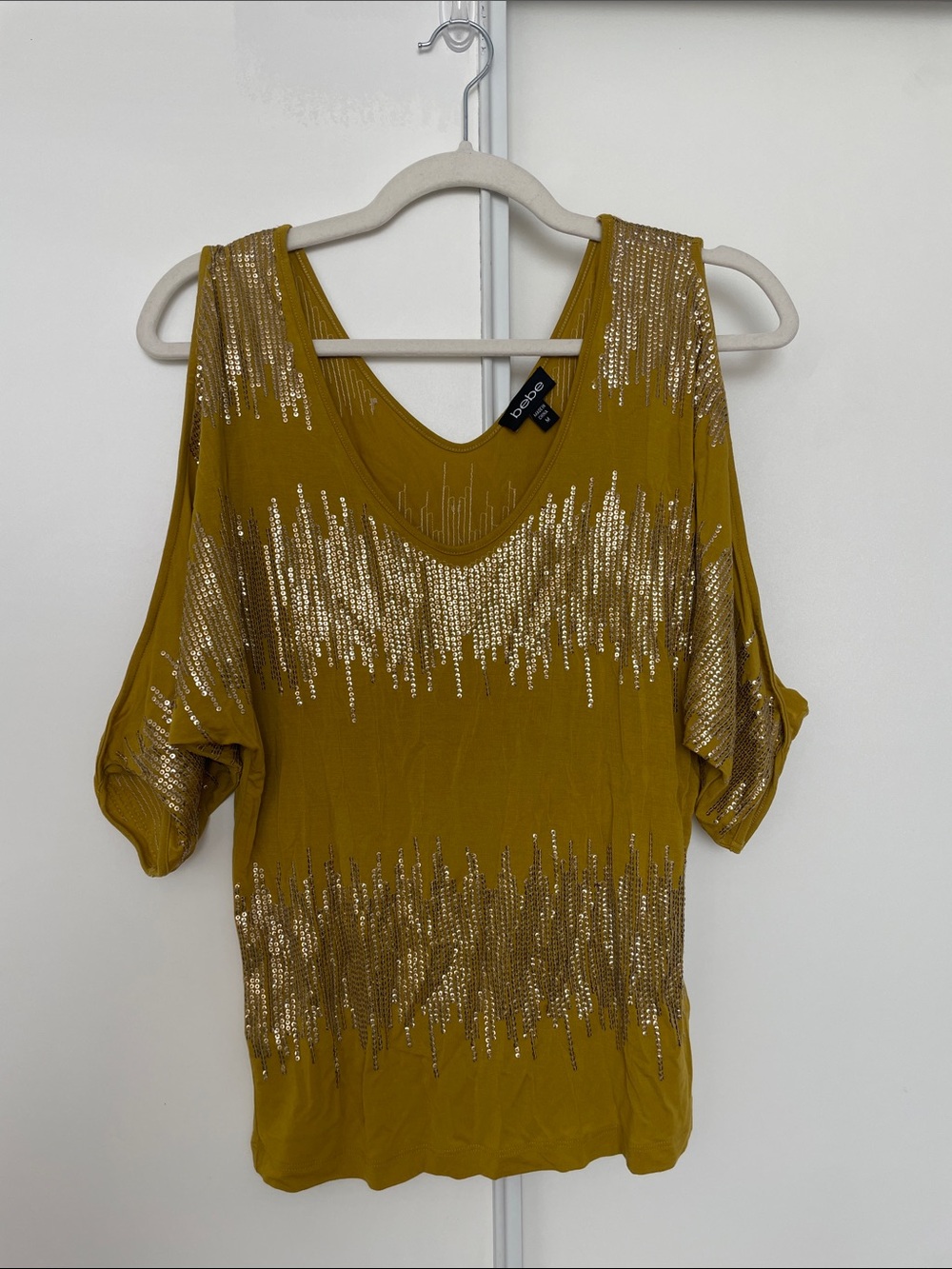 bebe Mustard Gold Sequin Cold-Shoulder Short Sleeve Top